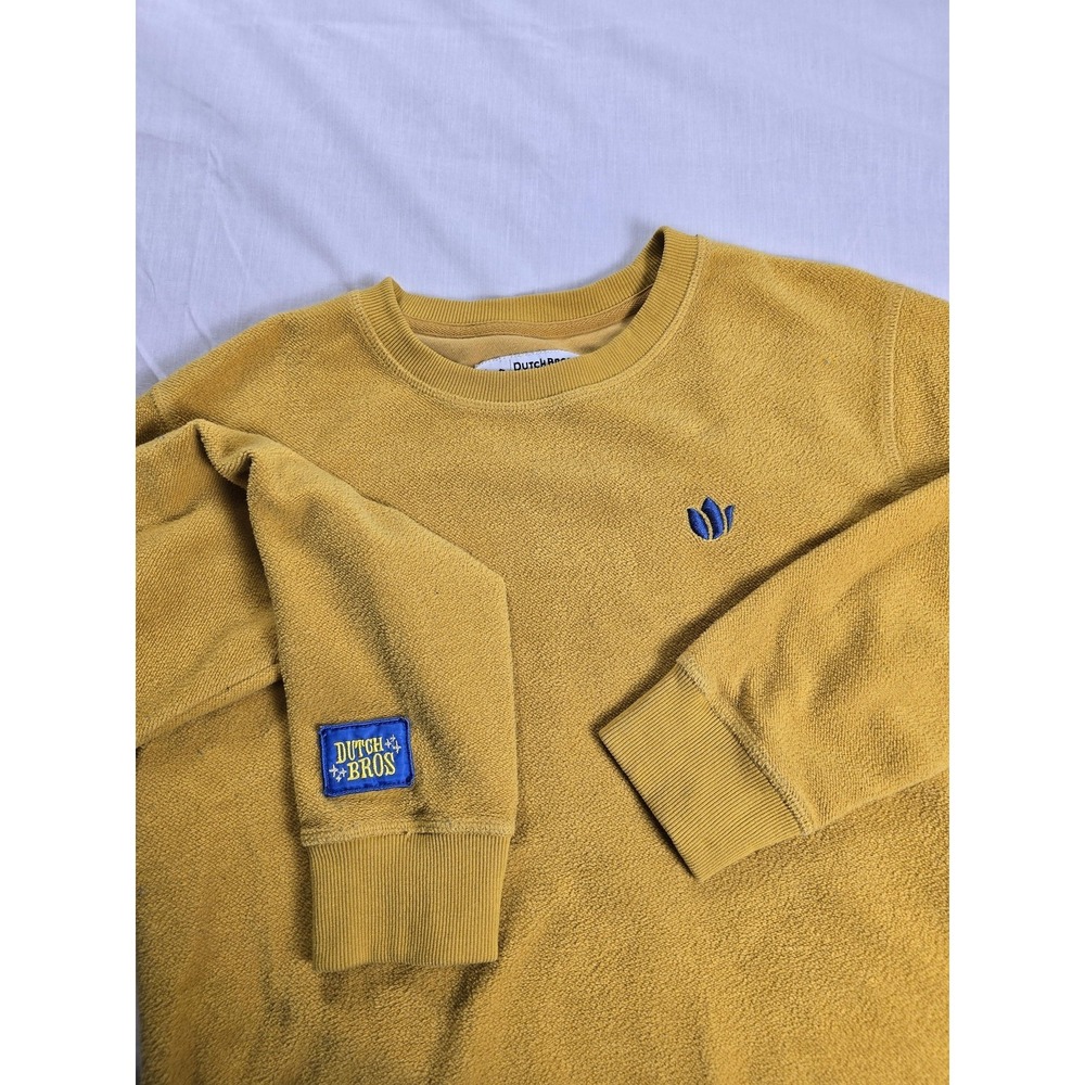 Dutch Bros Sweater Mens Medium Yellow Crewneck Pullover Coffee Patch Logo Casual
